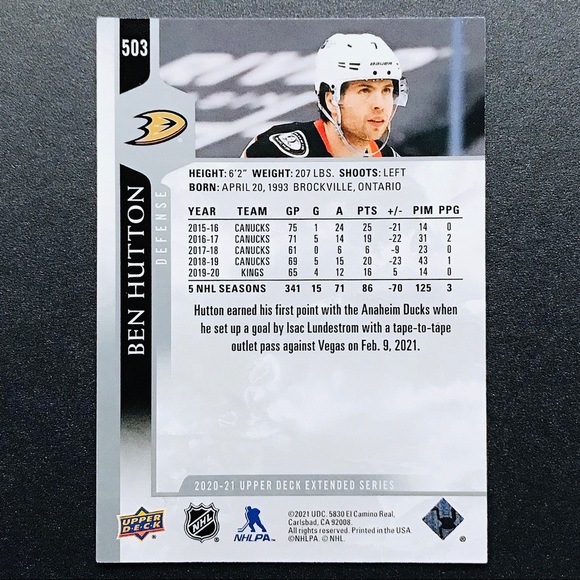 Ben Hutton - 2020-21 Upper Deck #503 - Picture 2 of 2